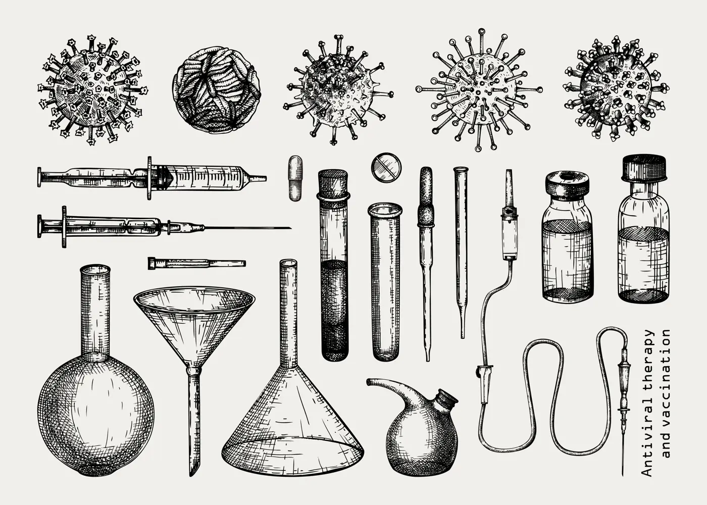 Antiviral therapy and vaccination set. Hand drawn vector illustrations. Vaccine in bottles, laboratory equipment, different virus sketches. Medical design elements. Covid-19 drawing  Illustration